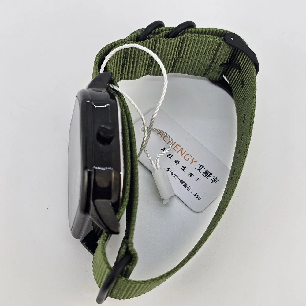 Men's Watch 42MM Black Dial Black Case‎ Date Army Green Canvas Band New Battery